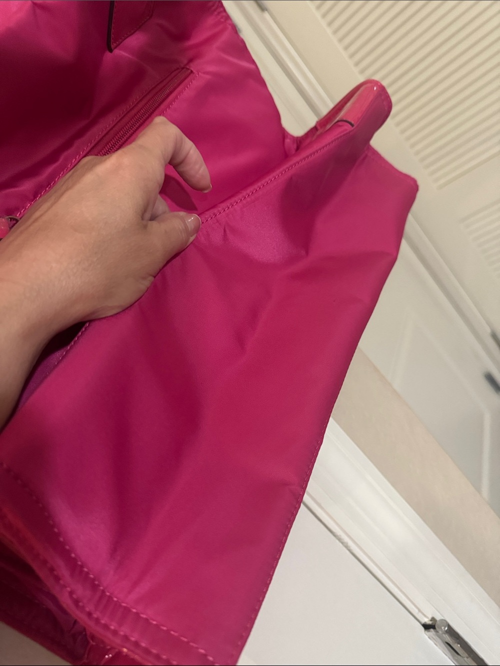 TB Vibrant Pink Logo Tote with Patent Accents - Picture 4 of 5